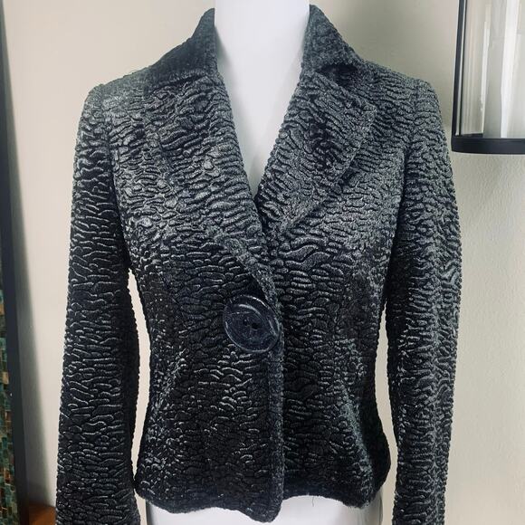 Vintage Size 6  Faux Fur Curly Persian Lamb Blazer Jacket Black Cropped Swing - Picture 1 of 13